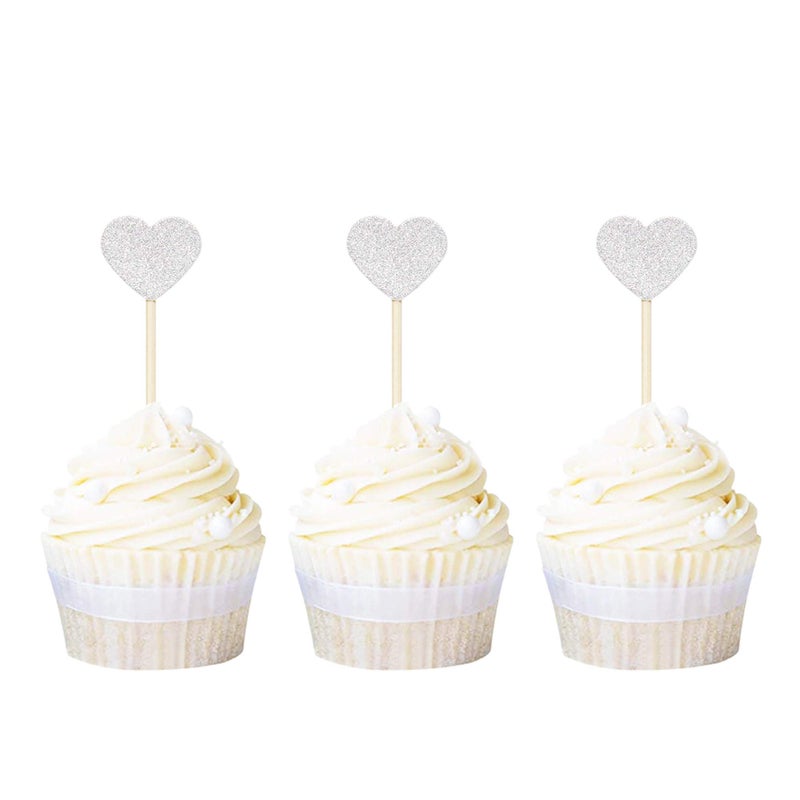 Ercadio Glitter Heart Cupcake Toppers Cupcake Picks for Love Theme Wedding Engagement Bridal Shower Party Cake Decoration 40 Pack Silver - Image 1